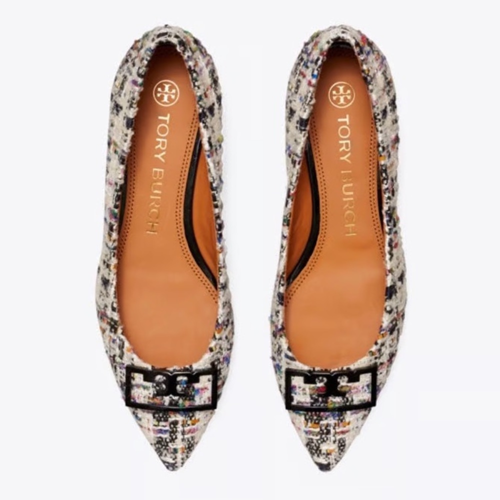 Tory Burch Women's Ivory Multicolor Tweed Pointy Toe Flats - Picture 5 of 12